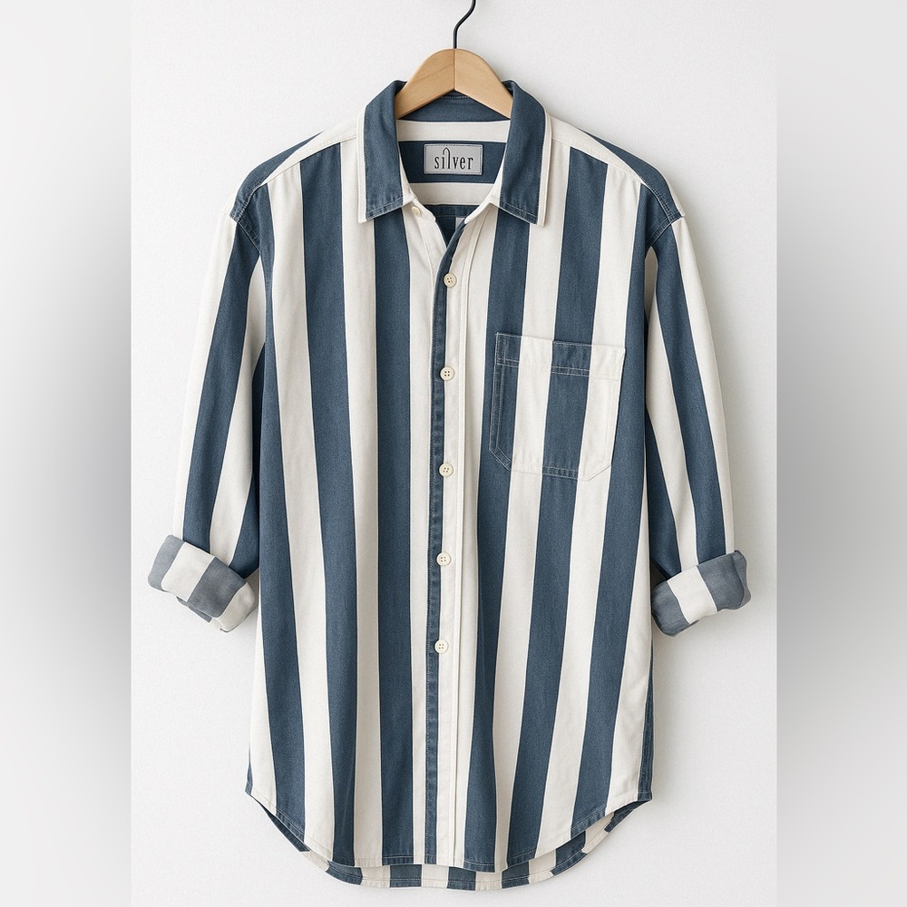 Silver Jeans Striped Men's Shirt - Blue and White